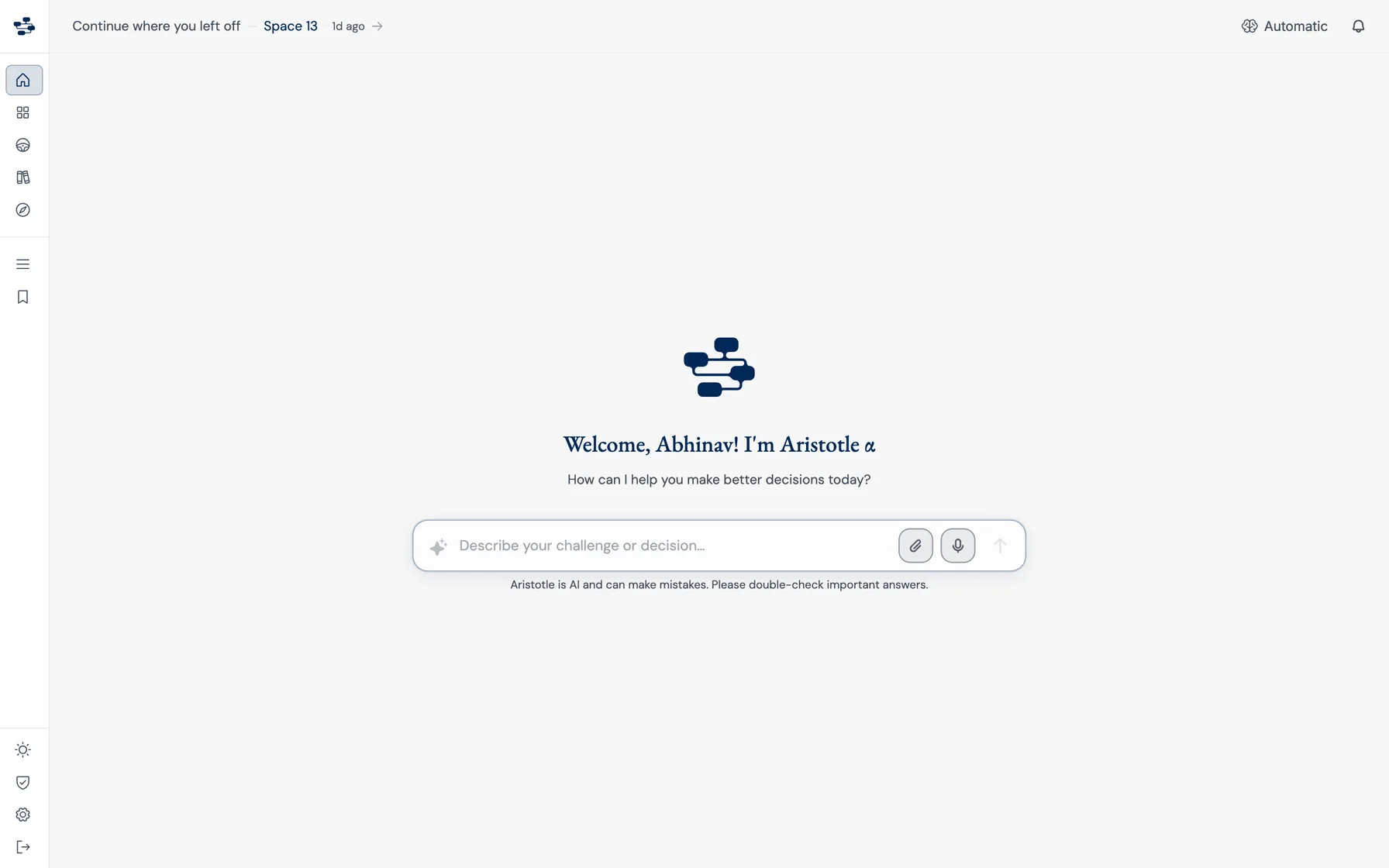 Aristotle's home screen: describe your challenge or decision to begin