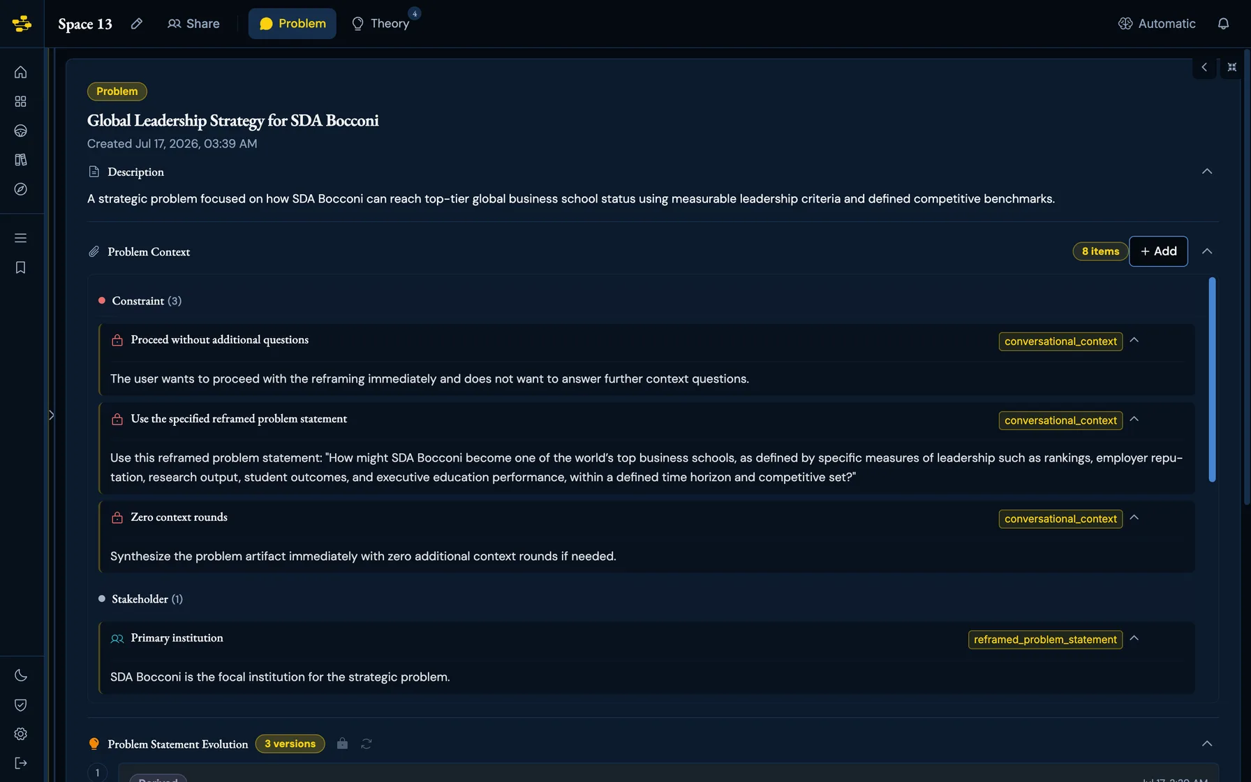 A decision space in the Problem view: the problem-statement artifact open full-width, with its description, problem context and statement versions expanded.