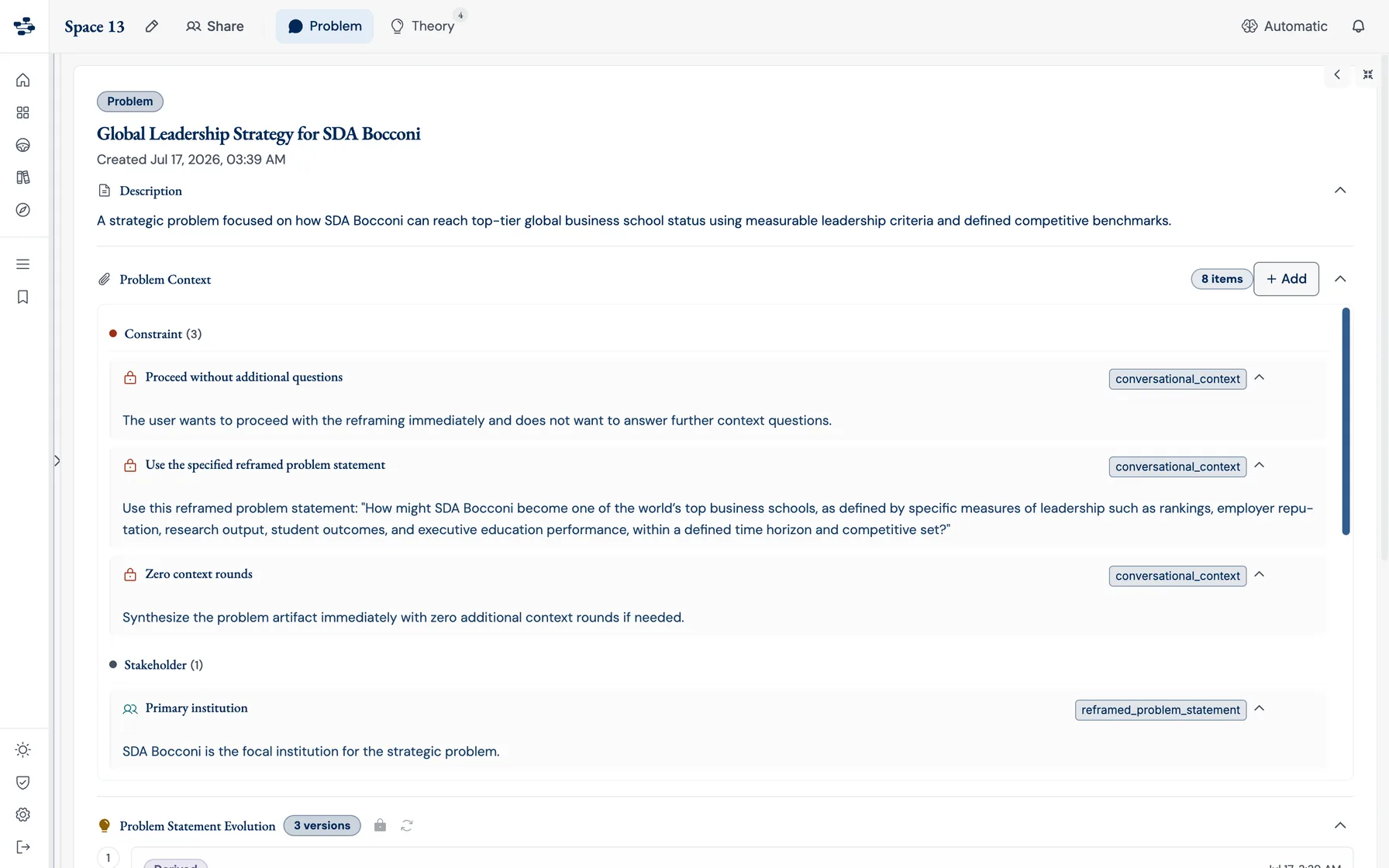 A decision space in the Problem view: the problem-statement artifact open full-width, with its description, problem context and statement versions expanded.