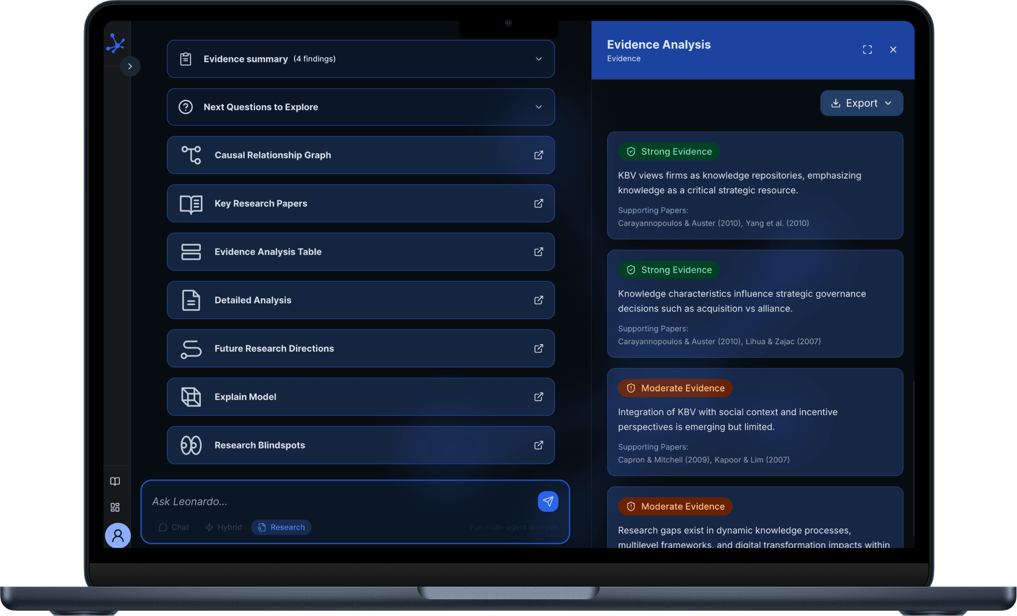 Leonardo research platform — results panel with evidence analysis